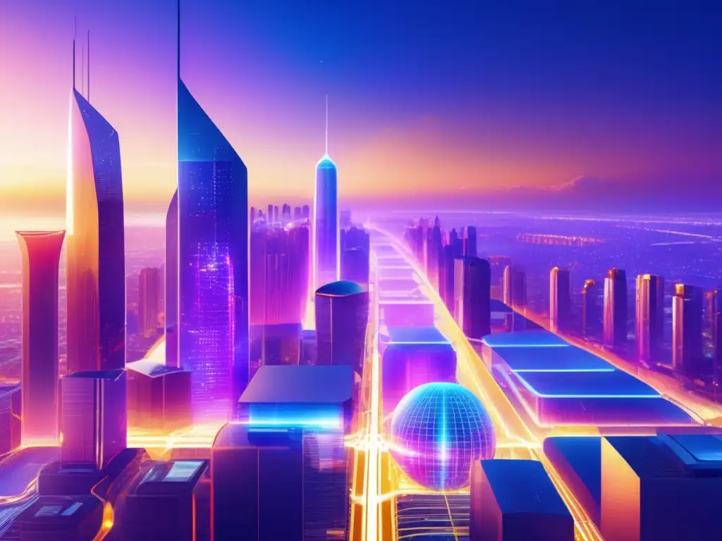 Impacto Blockchain en inversiones: Ciudad futurista con rascacielos, carreteras interconectadas y nodos holográficos