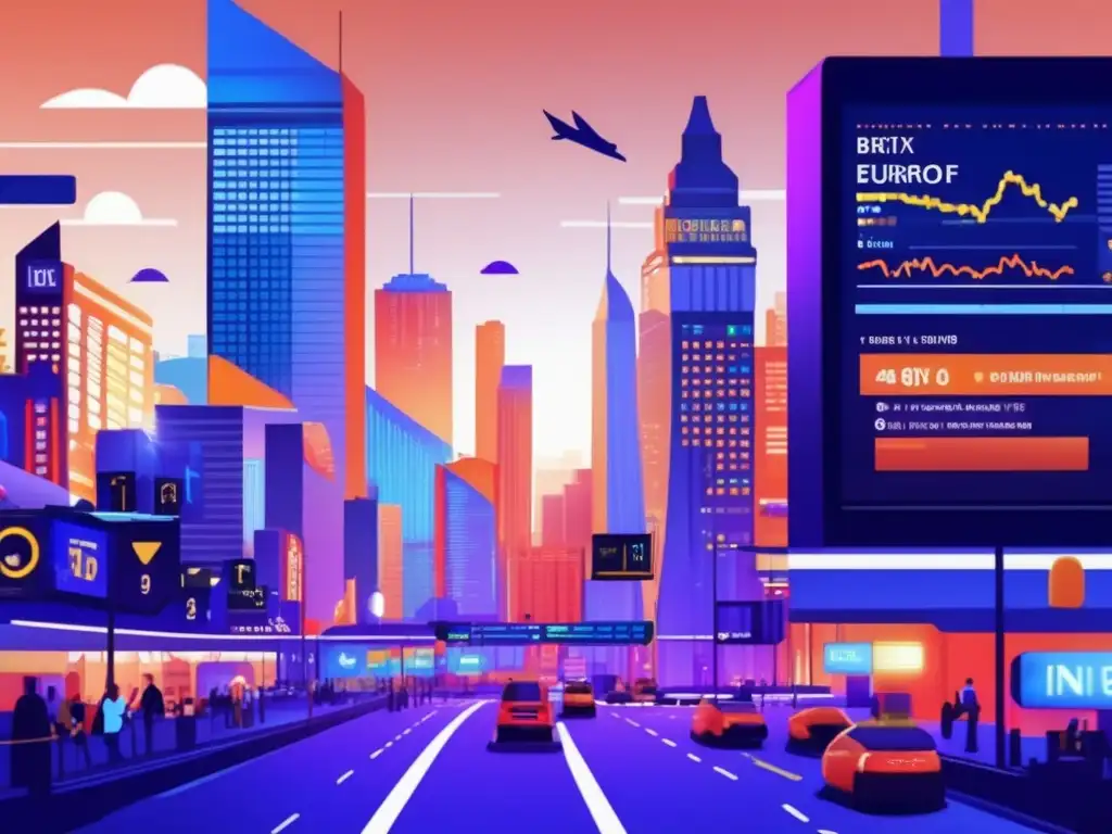 Escena financiera futurista con consecuencias del Brexit Impacto Brexit en inversiones europeas: escena financiera futurista con profesionales analizando datos y gráficos en hologramas