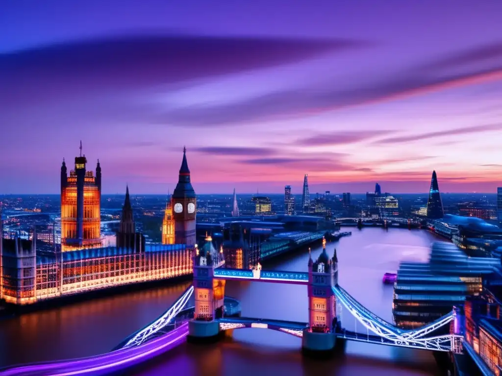 Londres al atardecer: oportunidad y resiliencia Impacto del Brexit en inversiones europeas: Londres al atardecer, 8k, panorámica con los iconos de la ciudad