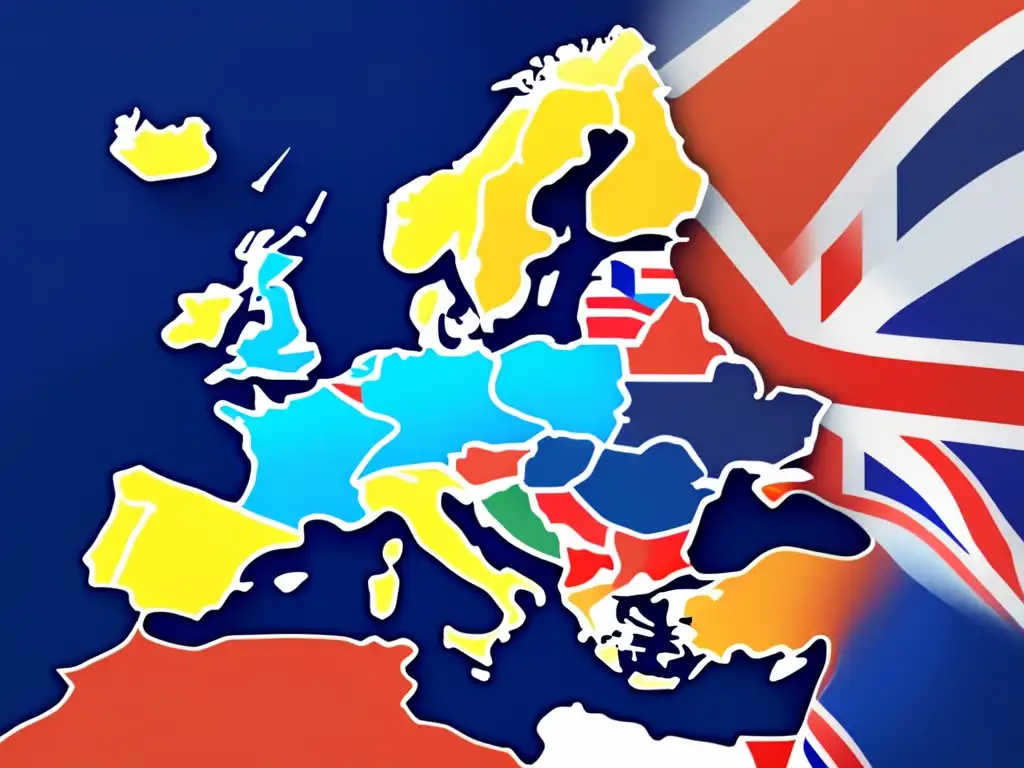 Impacto de Brexit en inversiones Impacto del Brexit en inversiones europeas: mapa vibrante con el Reino Unido separado del resto, simbolizando división y disruptiva