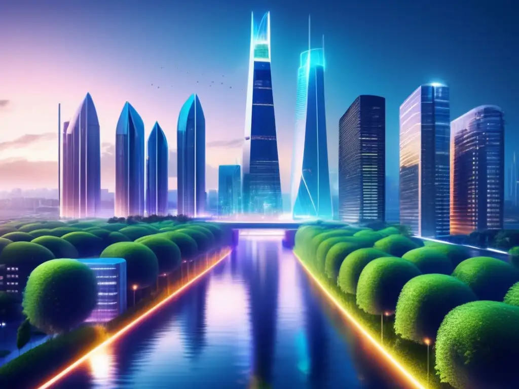 Impacto del cambio climático en inversiones europeas Impacto cambio climático inversiones Europeas: Futurista ciudad europea con rascacielos modernos, rodeada de vegetación