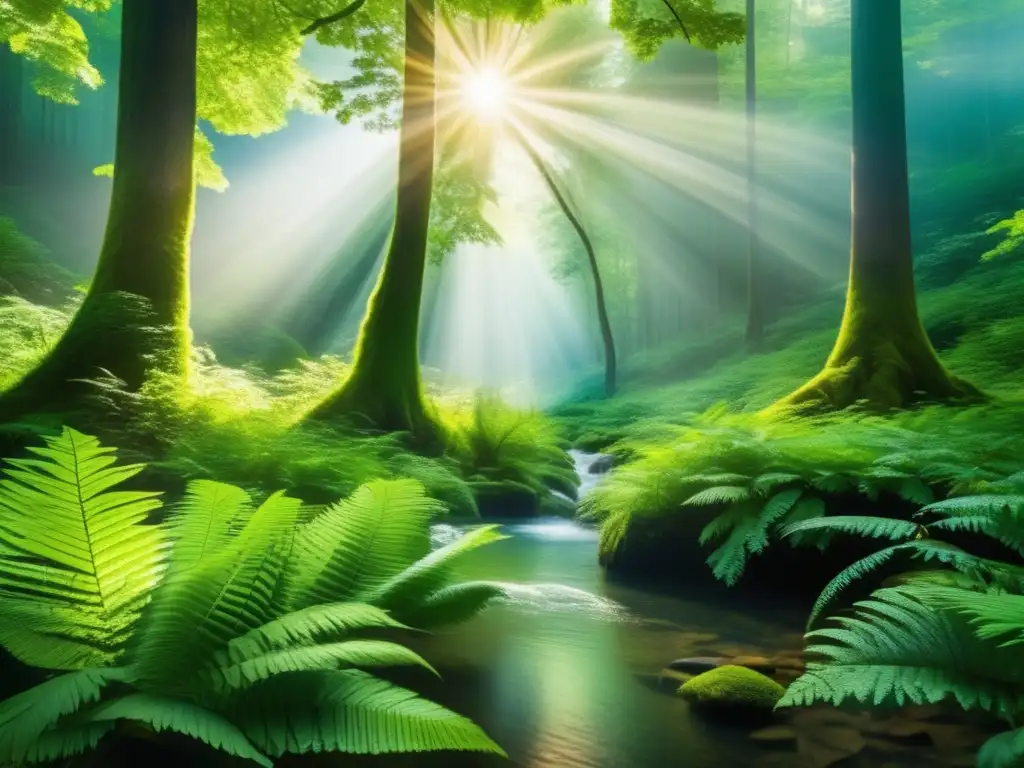 Bosque sostenible y puente hacia el futuro verde Impacto cambio climático inversiones Europeas: Bosque verde y exuberante, río cristalino y puente sostenible, uniendo naturaleza y progreso