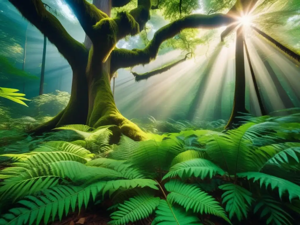 Bosque exuberante: vitalidad y belleza Impacto del cambio climático en inversiones financieras: bosque verde y exuberante con árboles antiguos y luz filtrada a través del dosel
