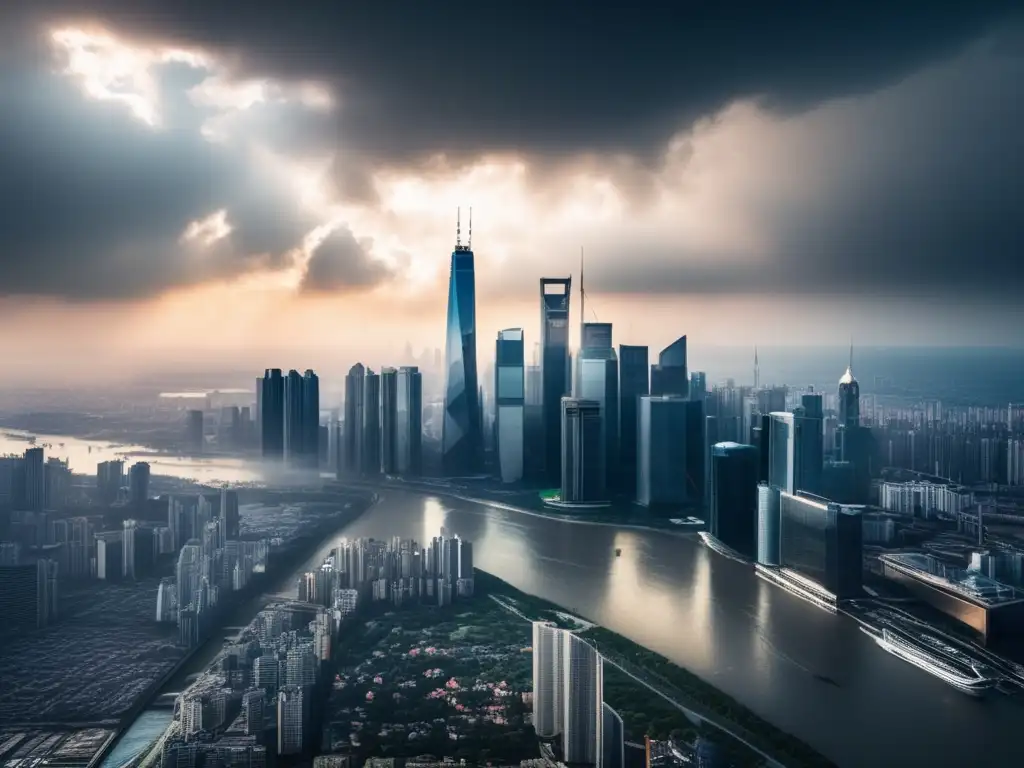 Amenaza climática en la ciudad moderna Impacto del cambio climático en inversiones financieras: ciudad moderna afectada por clima y mar
