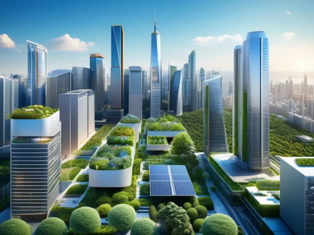 Ciudad moderna con rascacielos eco-friendly Impacto cambio climático REITs: Ciudad moderna ecoamigable con rascacielos, jardines en azoteas y paneles solares