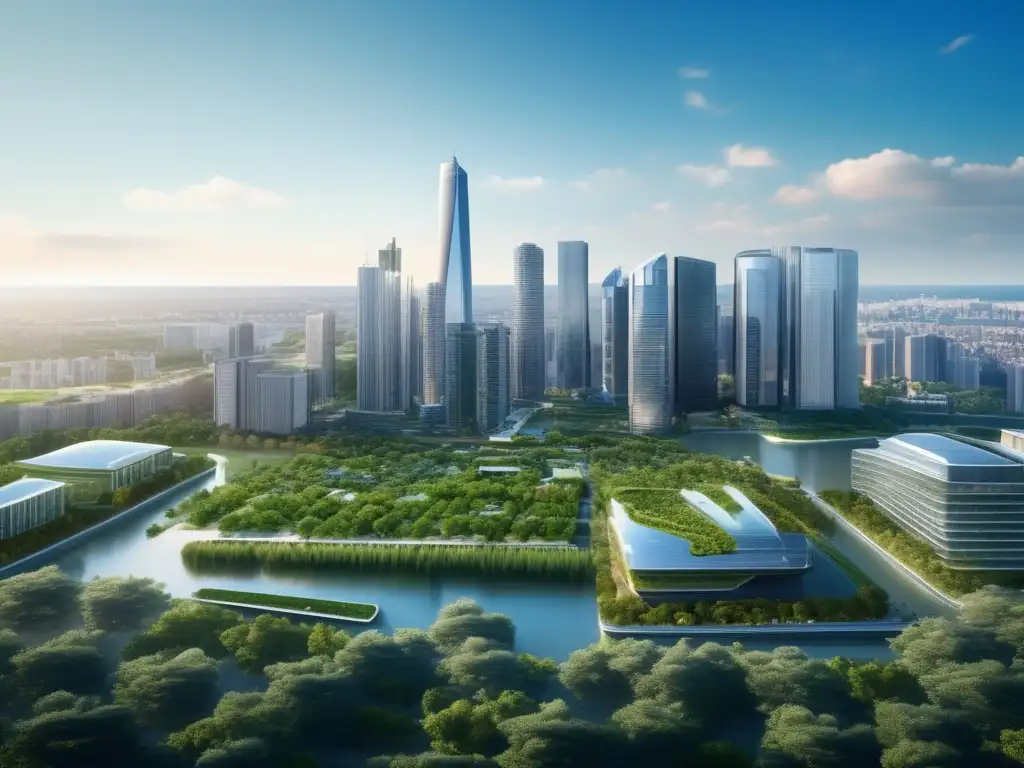 Ciudad sostenible: arquitectura y naturaleza Impacto cambio climático REITs: ciudad moderna, cielo azul, arquitectura sostenible
