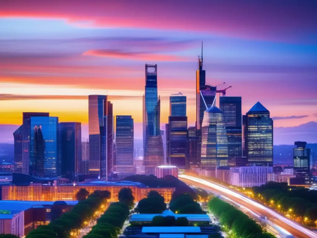 Skyline urbano al atardecer: impacto económico y energía de la ciudad Impacto cambios política fiscal inversiones, ciudad moderna al atardecer con rascacielos iluminados, colorido cielo evoca optimismo y oportunidad