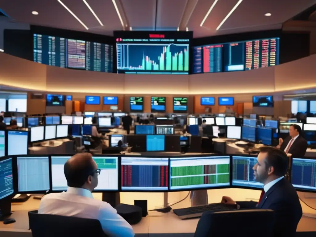 Traders ocupados en piso bursátil Impacto cobertura mediática crisis financieras: stock market trading floor, traders, financial data