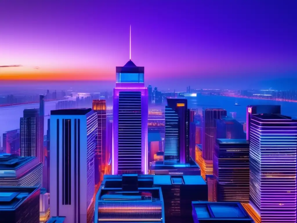Ciudad futurista con rascacielos y luces de neón Impacto criptomonedas en bolsas: ciudad futurista con rascacielos, luces neón, edificio de bolsa y datos cripto