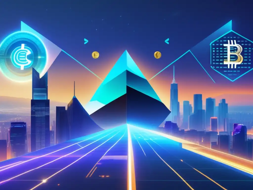 Choque de mundos financieros Impacto criptomonedas en bolsas: imagen futurista de choque entre símbolos tradicionales de bolsa y criptomonedas, destacando su influencia