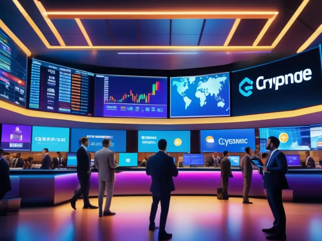 Traders en piso de bolsa 8k Impacto de criptomonedas en bolsas: piso de bolsa con traders, gráficos y pantallas LED mostrando datos en tiempo real