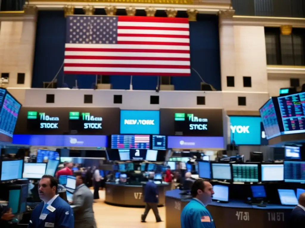 Traders en NYSE con energía y actividad Impacto de criptomonedas en bolsas: Trading floor del NYSE con traders, chaquetas coloridas y precios de acciones