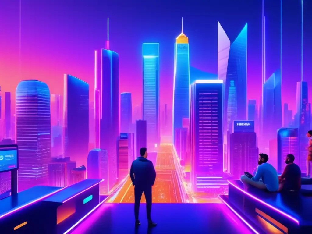 Futurista ciudad cripto Impacto criptomonedas en inversiones: Futurista ciudad nocturna, rascacielos, carteles digitales y profesionales discutiendo