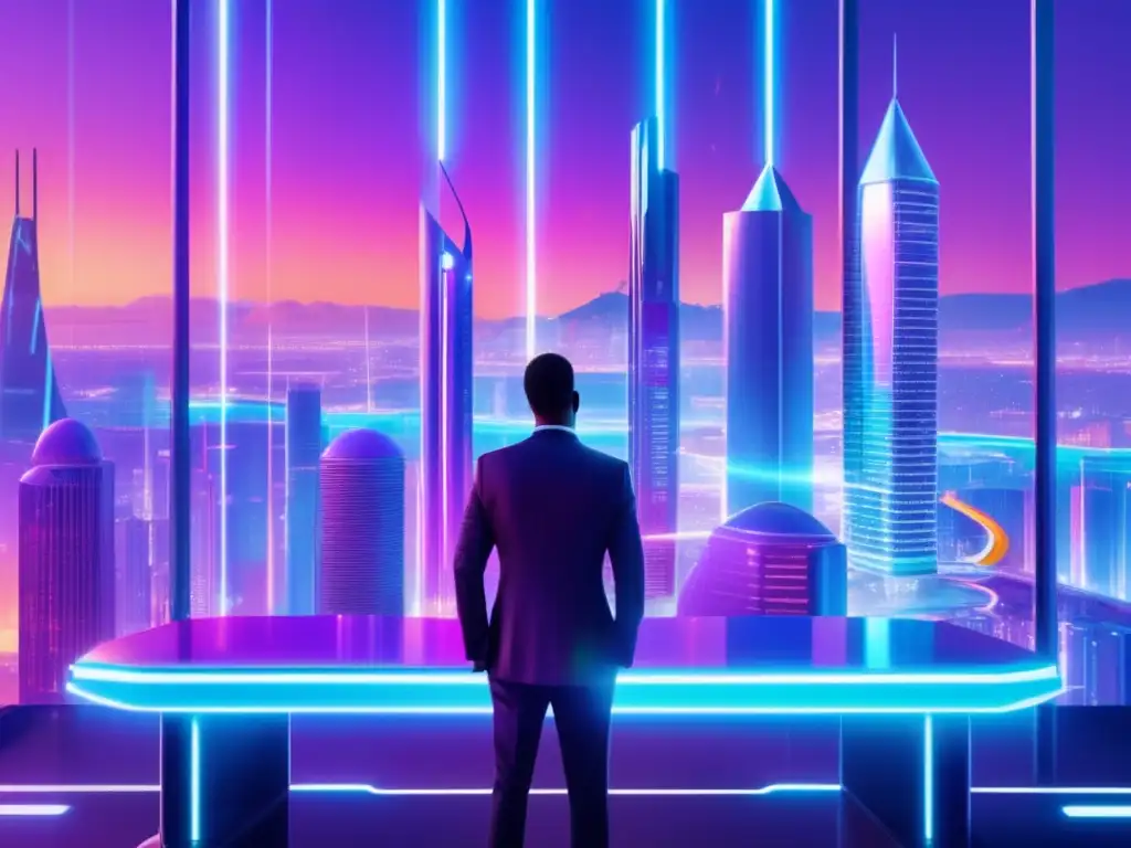 Futuro de las criptomonedas Impacto criptomonedas en inversiones, ciudad futurista, edificios vidrio y acero, luces neón, coches voladores, hombre de negocios con holograma