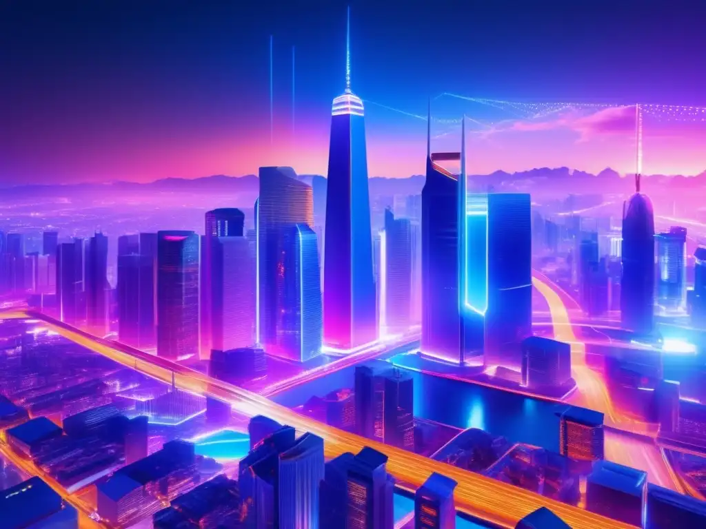 Ciudad futurista con criptomonedas Impacto criptomonedas remesas internacionales: Ciudad futurista con rascacielos iluminados por luces de neón y transacciones de criptomonedas