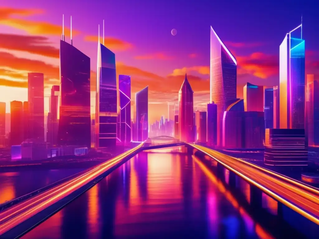 Futuro financiero: criptomonedas y remesas Impacto criptomonedas remesas internacionales: Futurista ciudad con rascacielos, puentes iluminados y cielo multicolor