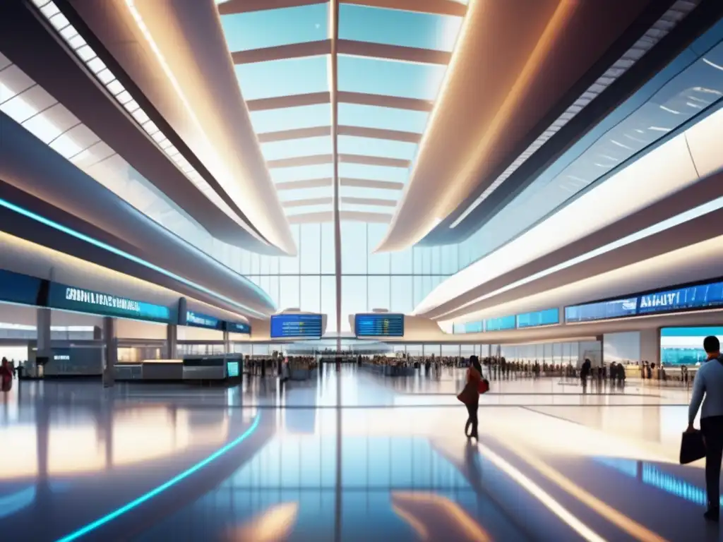 Aeropuerto global de remesas Impacto criptomonedas remesas internacionales en terminal aeropuerto global con arquitectura futurista, personas diversas y pantallas digitales