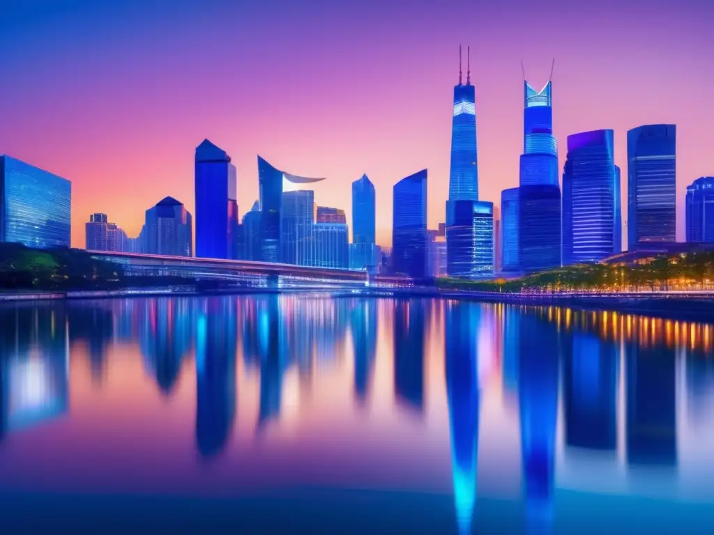 Ciudad futurista con criptomonedas Impacto criptomonedas remesas internacionales en arquitectura futurista de ciudad con rascacielos, río reflejando skyline y puente vibrante