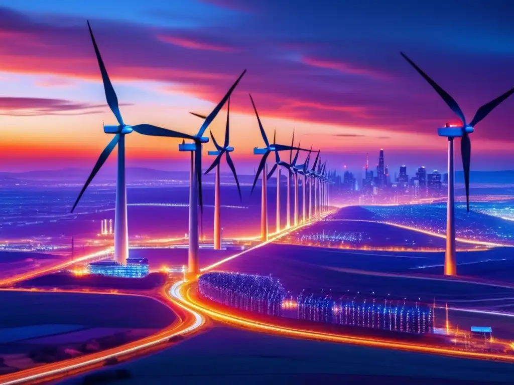 Energía urbana: ciudad y molinos de viento al atardecer Impacto de crisis en acciones de energía - Imagen 8k muestra ciudad con rascacielos y granja eólica al atardecer