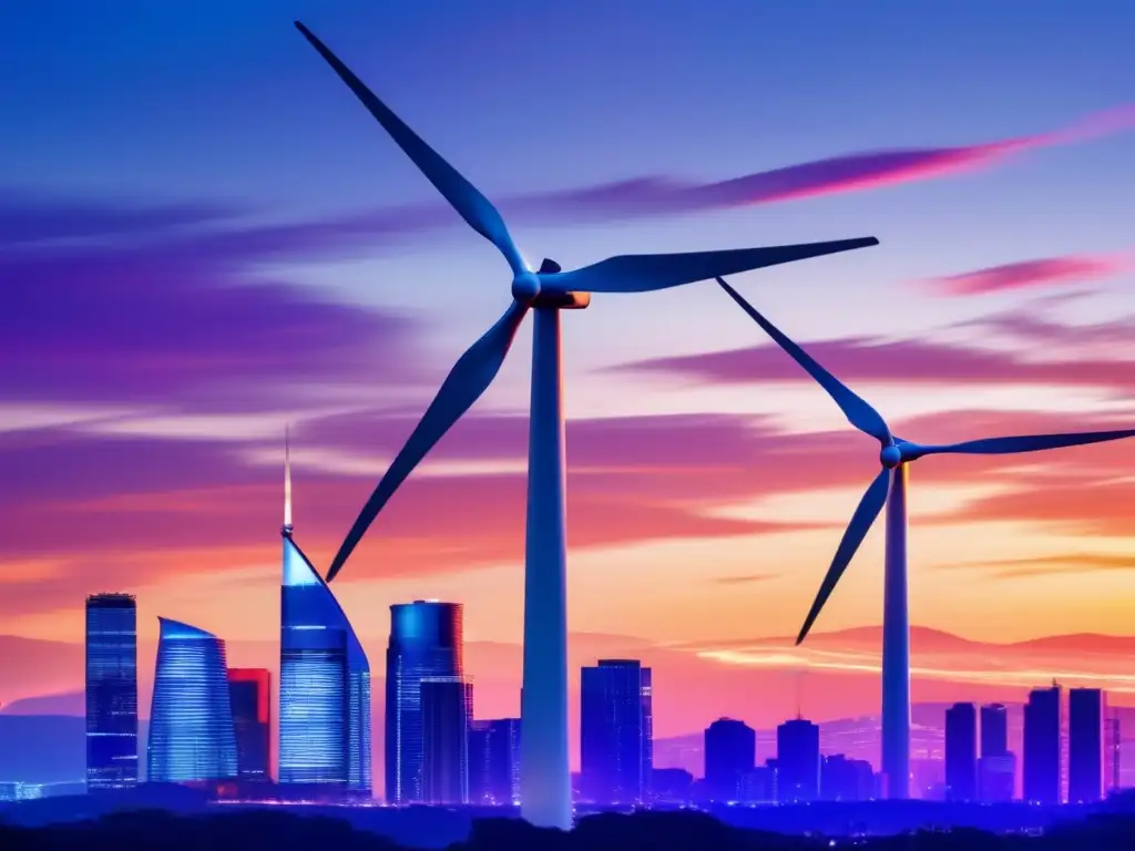 Ciudad en el crepúsculo con energía renovable Impacto de crisis económicas en acciones de energía: Ciudad iluminada de noche con rascacielos y una turbina eólica en primer plano