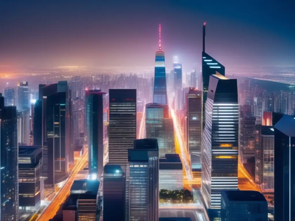 Ciudad nocturna con rascacielos modernos iluminados Impacto de crisis financieras en la ciudad de noche con rascacielos modernos iluminados de forma futurista y personas apresuradas en la calle
