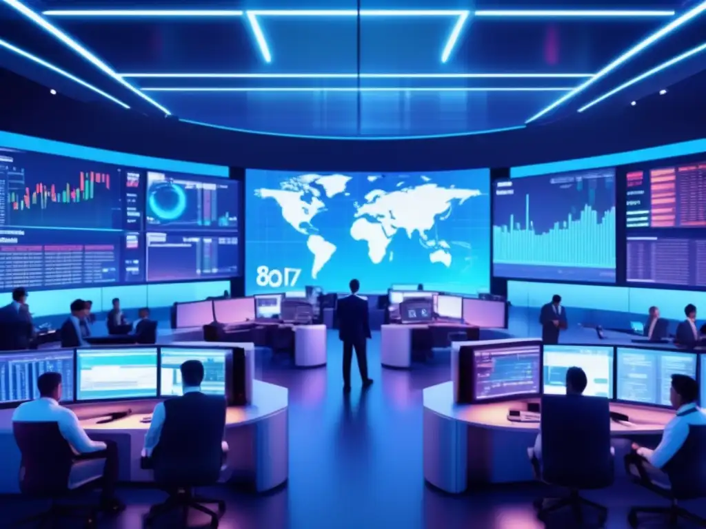 Futuro financiero global Impacto de crisis financieras en un mercado global moderno y futurista, con traders en acción y pantallas de datos en tiempo real