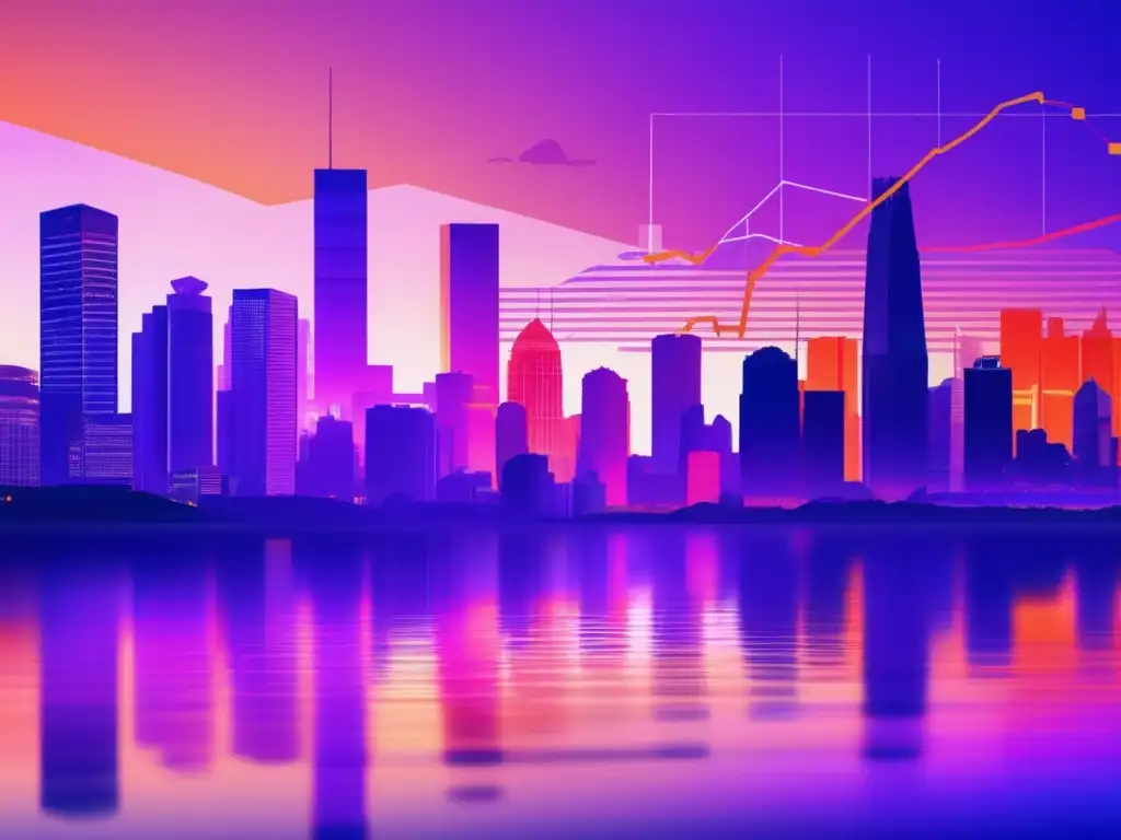 Ciudad moderna y crisis financiera Impacto crisis política en inversiones: ciudad moderna, río tranquilo, atardecer vibrante y gráfica financiera