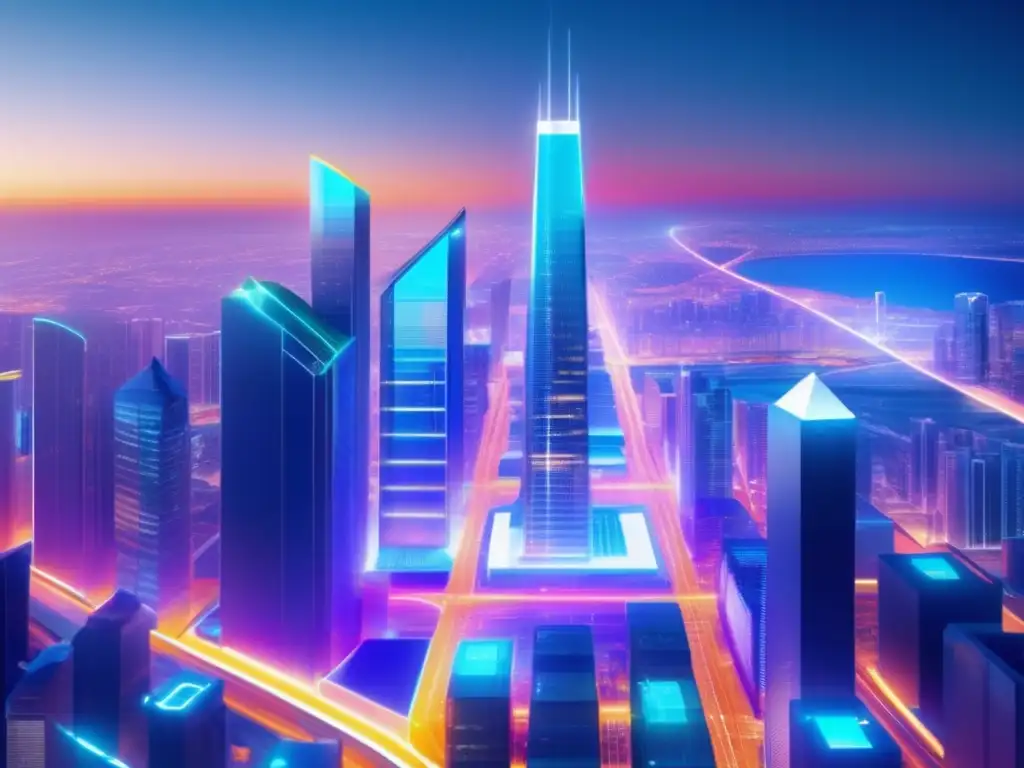 Futuro de REITs: Ciudad inteligente y tecnológica Impacto datos REITs: Futurista ciudad 8K, rascacielos modernos con visualización en tiempo real, gráficos holográficos y sensores avanzados