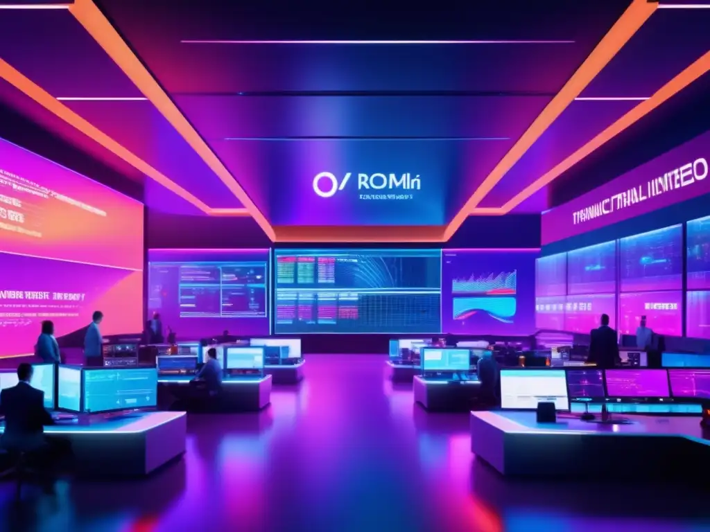 Piso financiero futurista con traders y tecnología Impacto decisiones globales finanzas: Futuro piso de trading financiero, vibrante con luces neón, traders modernos y tecnología avanzada