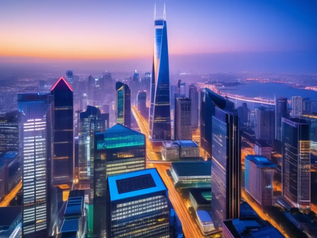 Skyline nocturno de ciudad moderna Impacto de decisiones globales en finanzas