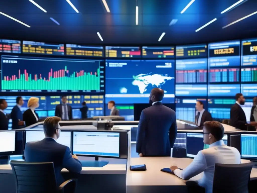 Traders en piso de bolsa con información en tiempo real Impacto declaraciones figuras públicas en inversión