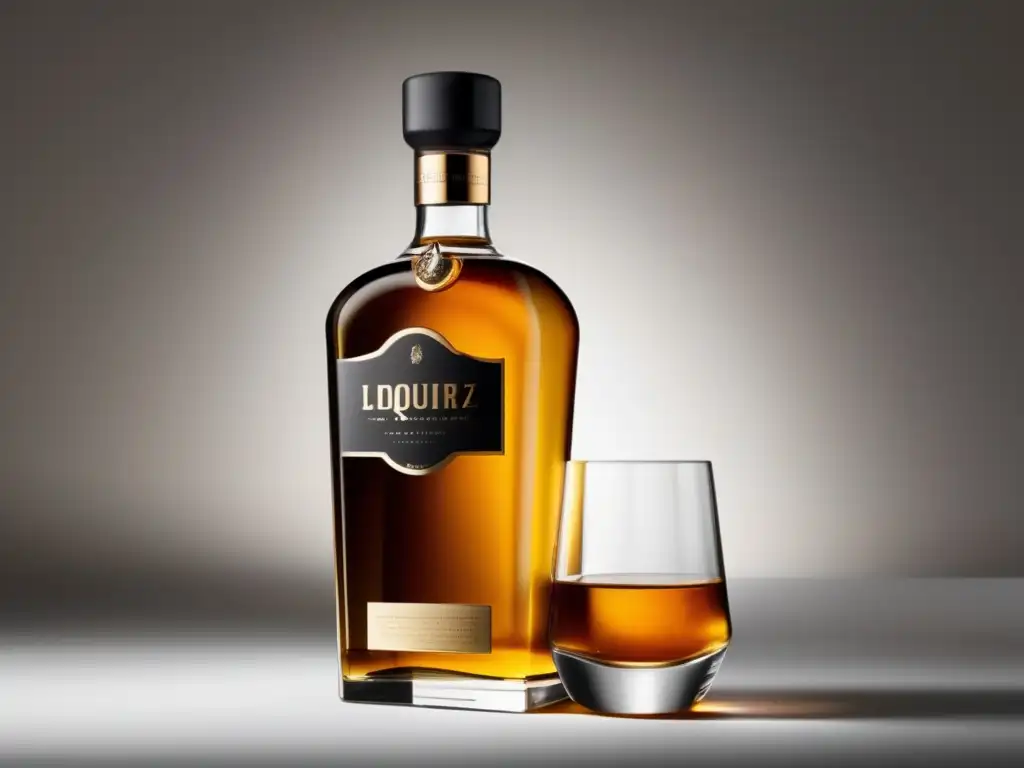 Botella de licor moderna y elegante Impacto diseño embotellado en inversiones licores: botella elegante, minimalista, ámbar, lujo