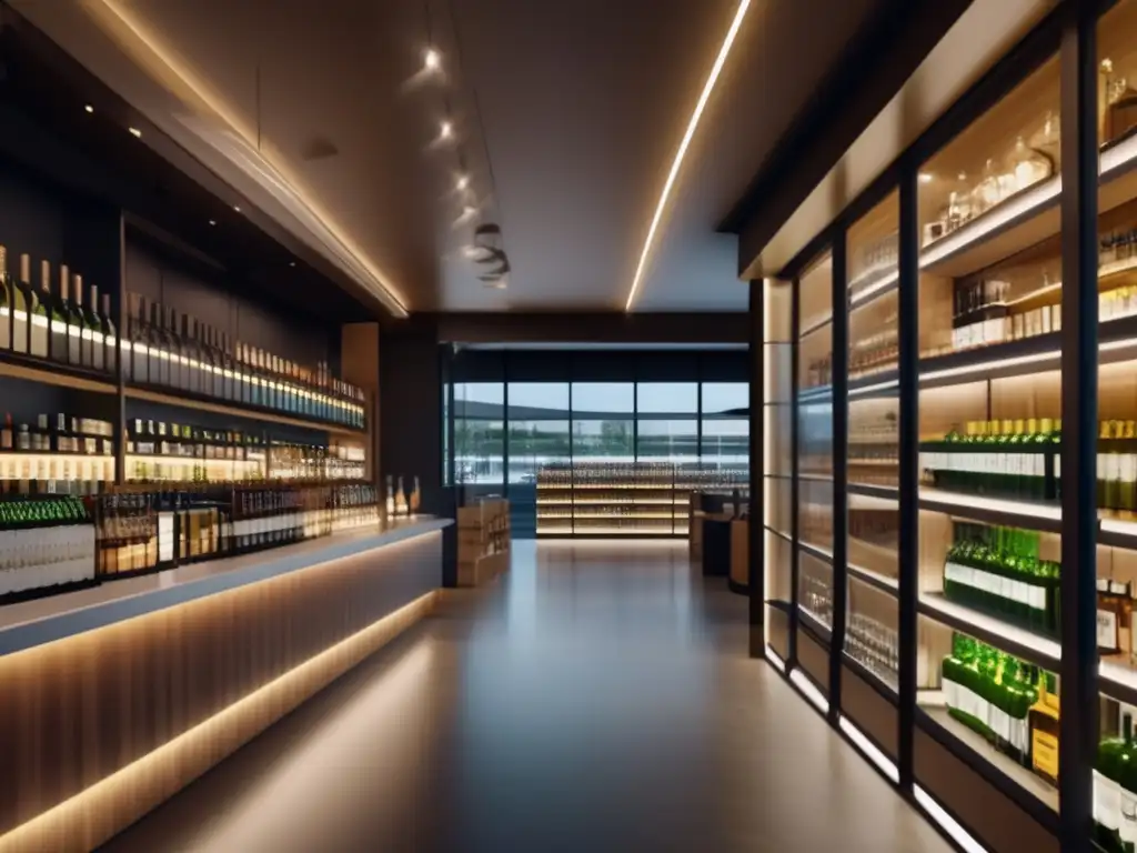 Tienda de licores moderna y elegante Impacto diseño embotellado en inversiones licores - Tienda elegante, moderna, con botellas de licor bellamente diseñadas en estantes iluminados