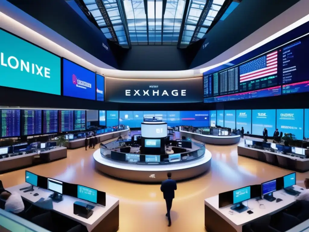 Piso de bolsa moderno y vibrante Impacto ECommerce en bolsas mundiales: imagen 8k ultradetallada muestra piso de bolsa bullicioso, traders elegantes y pantallas con datos en vivo