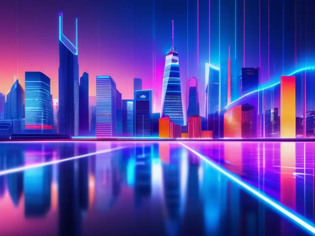 Futuro financiero: Integración tecnológica y económica Impacto ECommerce en bolsas mundiales: imagen detallada con futurista ciudad, rascacielos, luces neón y datos de bolsa en tiempo real