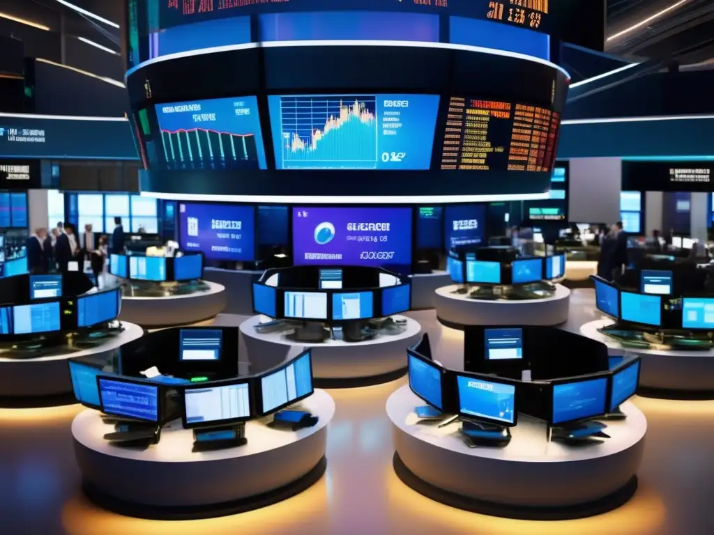 Piso de bolsa moderno y dinámico Impacto ECommerce en bolsas mundiales, traders en piso moderno, pantallas con datos, conversaciones intensas y fluctuaciones