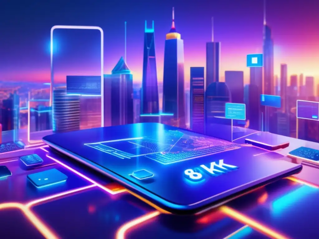 Futurista ciudad con redes globales y símbolos financieros Impacto del ECommerce en bolsas mundiales: ciudad futurista, rascacielos, circuitos y datos bursátiles-