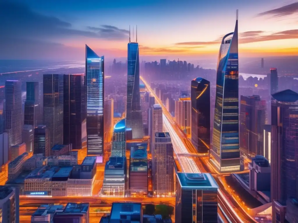 Ciudad moderna y vibrante al atardecer Impacto económico de la política monetaria expansiva en una ciudad moderna al anochecer