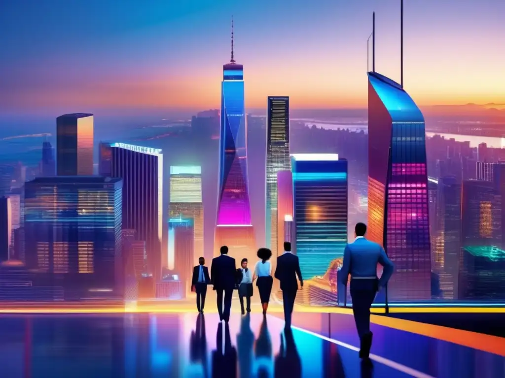 Ciudad moderna con rascacielos y mercado de valores Impacto elecciones Americanas bolsa mundial: Ciudad moderna con rascacielos, distrito financiero y puente, reflejando energía y sofisticación