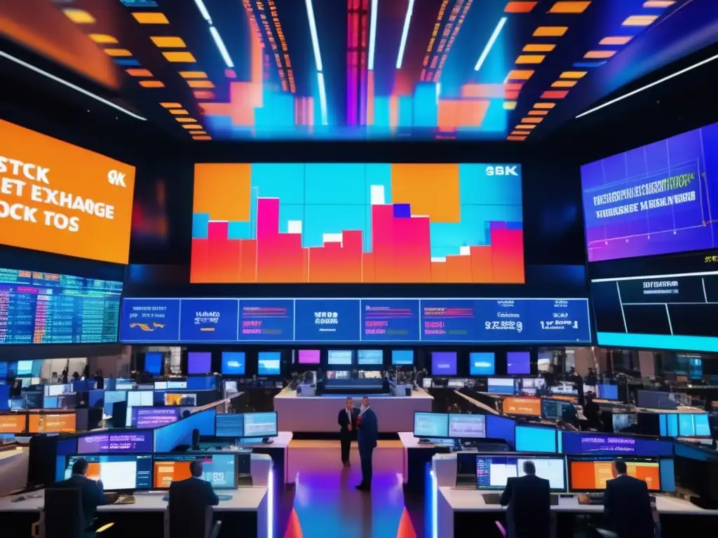 Bolsa de valores vibrante con traders y pantallas de datos Impacto elecciones Americanas bolsa mundial: Intensa escena de bolsa, traders en trajes, gráficos y energía