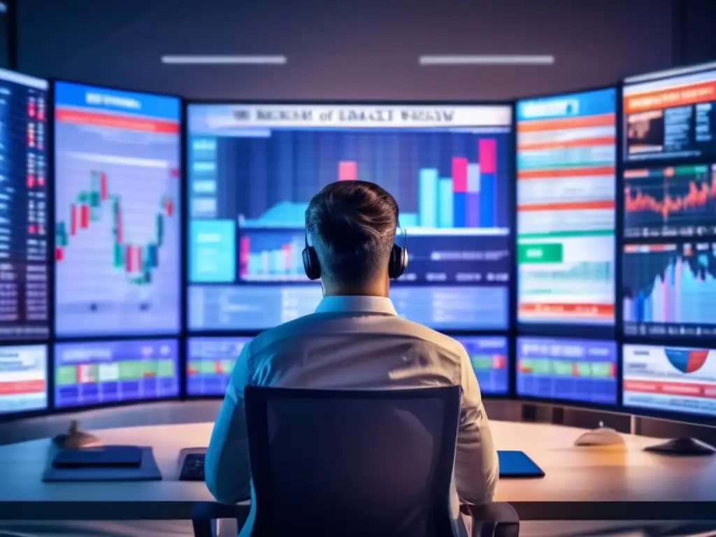 Emociones e impacto financiero Impacto emocional noticias financieras: persona frente a pantalla rodeada de titulares y gráficos proyectados, expresando emociones