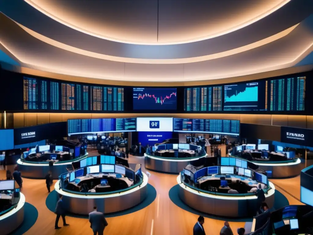 Piso de bolsa frenético y emocionante Impacto emocional noticias financieras: Escena panorámica de una bulliciosa bolsa de valores con operadores y un inversor confiado en primer plano