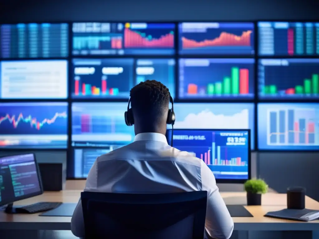 Persona enfocada en noticias financieras Impacto emocional de noticias financieras en oficina moderna