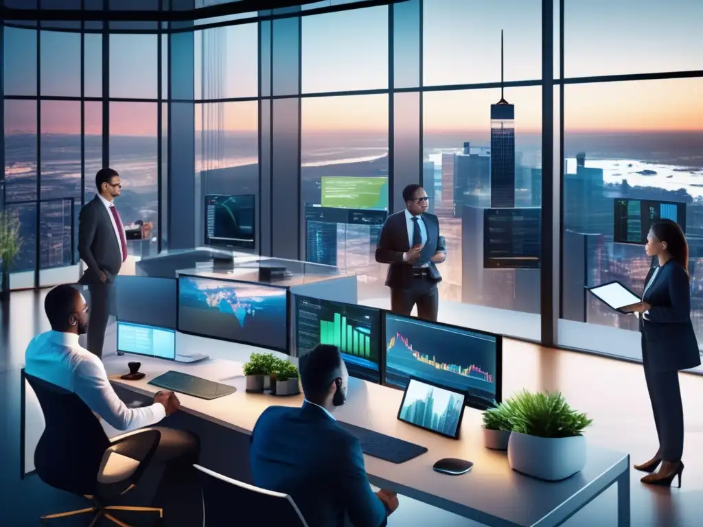 Oficina moderna con profesionales financieros y vista a la ciudad Impacto emocional en noticias financieras