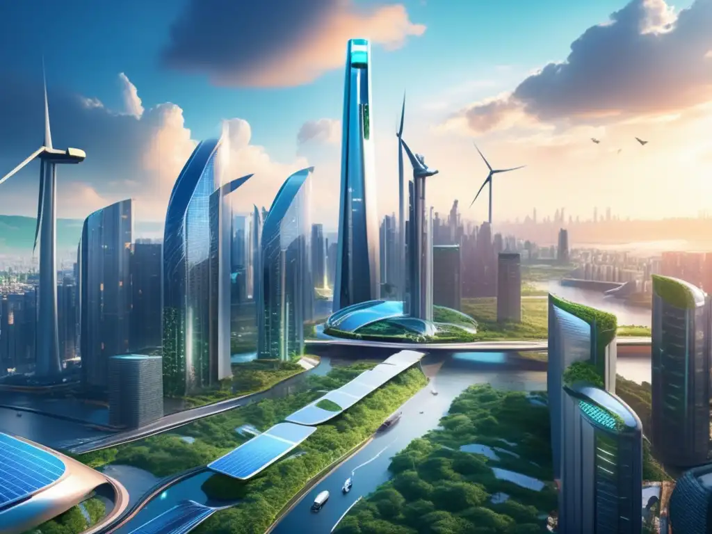 Futuro ciudad verde y sostenible Impacto Transición Energética Acciones: Futurista ciudad verde con energía sostenible