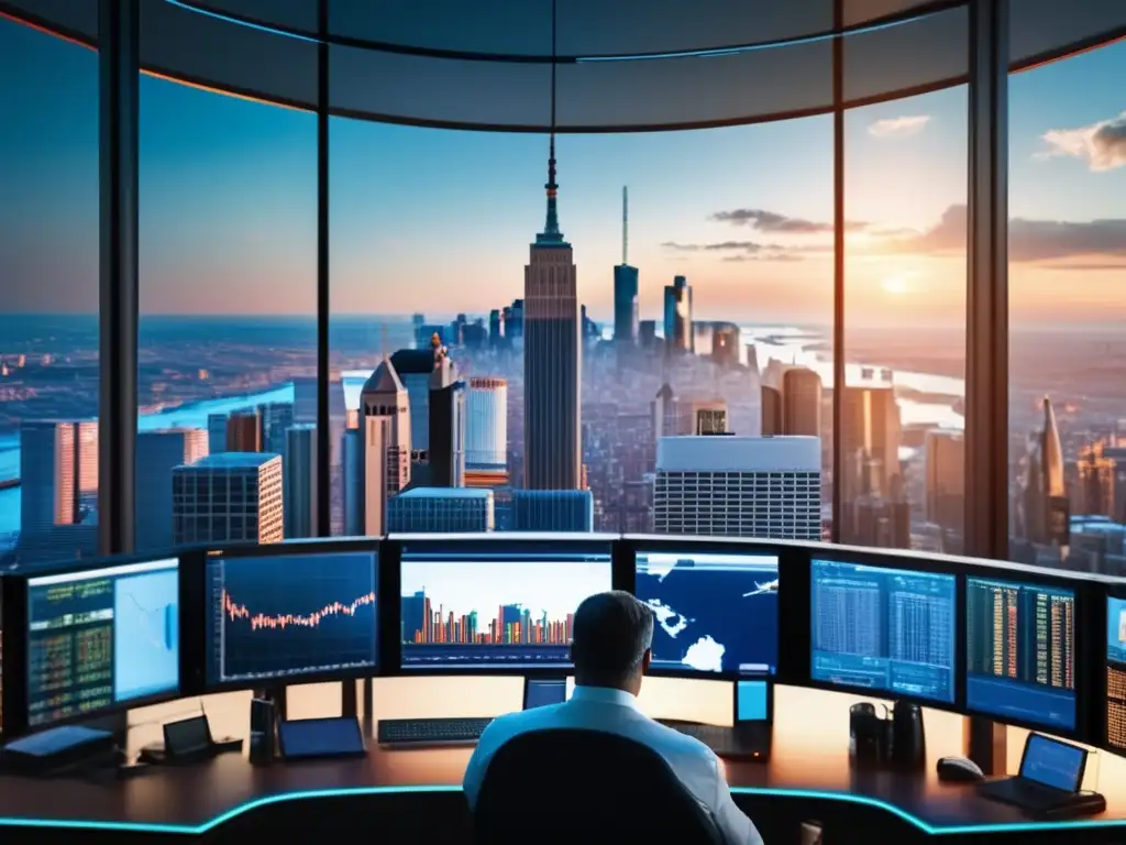 Global investment and geopolitics Impacto de eventos globales en inversiones: Imagen 8k detallada de una ciudad financiera con interconexiones geopolíticas