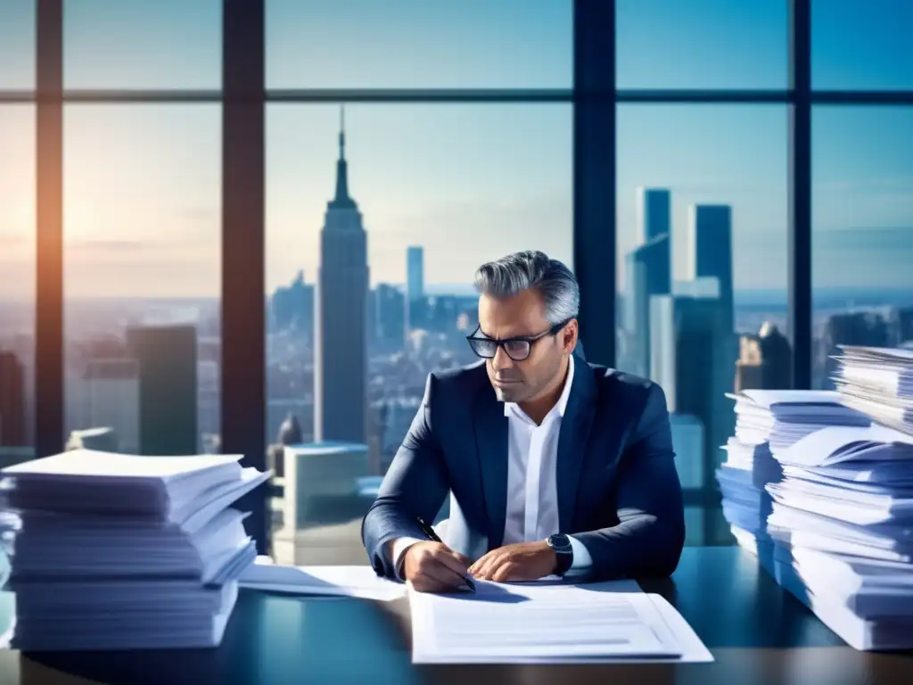 Hombre de negocios pensativo con documentos Impacto fiscal venta negocio: profesionalidad y expertise
