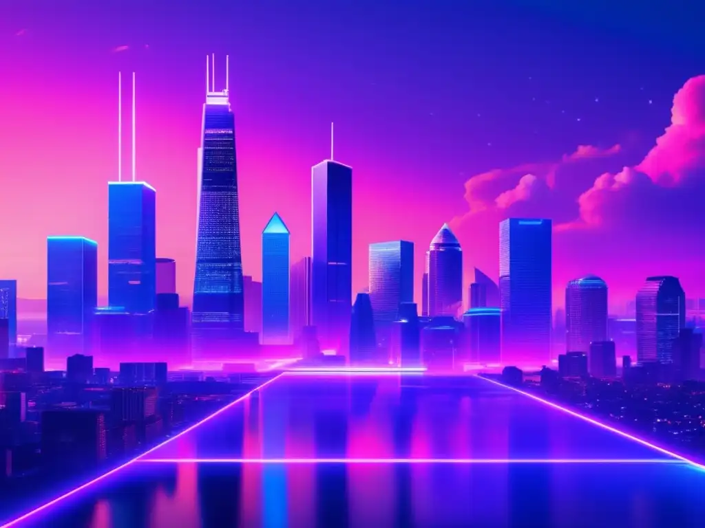 Ciudad futurista con criptomonedas Impacto de forks en inversiones: Futurista ciudad con edificios altos, colores vibrantes, criptomonedas y actividad bulliciosa