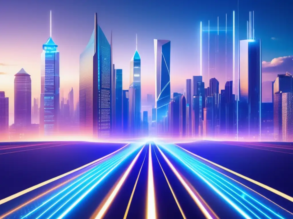 Futuro de la blockchain y sus bifurcaciones Impacto de forks en inversiones: ciudad futurista blockchain con rascacielos de código, destaca tecnología avanzada y consecuencias