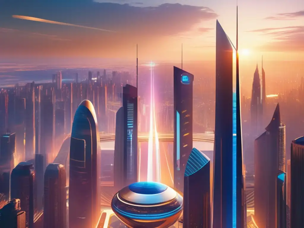 Futurista ciudad con IA y altcoin trading Impacto IA en Altcoins: Futurista ciudad al atardecer, rascacielos elegantes hacia el cielo